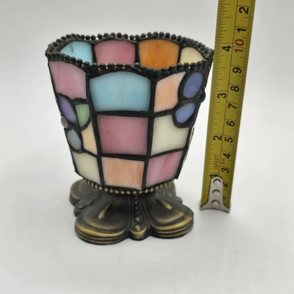 PartyLite Stained Glass Votive Candle Holder Mosaic Pastel Floral Metal Base - Picture 7 of 9